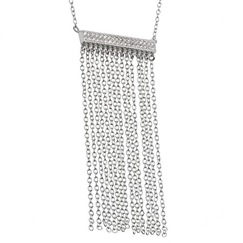 Horizontal Bar Necklace for Women, Sterling Silver or 14K Gold Plated Silver, Minimalist, CZ Diamond, Dainty Bar Pendant - Unique Jewelry Gift - style: Chain Fringe - Silver