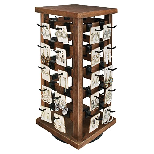 Ikee Design 5 Tiers Easy Assemble Wood Rotating Jewelry Display Tower with 42 Removable Hooks,Spinning Earring Card Storage Display Stand for Store, Showcase, Tradeshow and Home,Brown Color - color: 4 side, Brown, 42 hooks