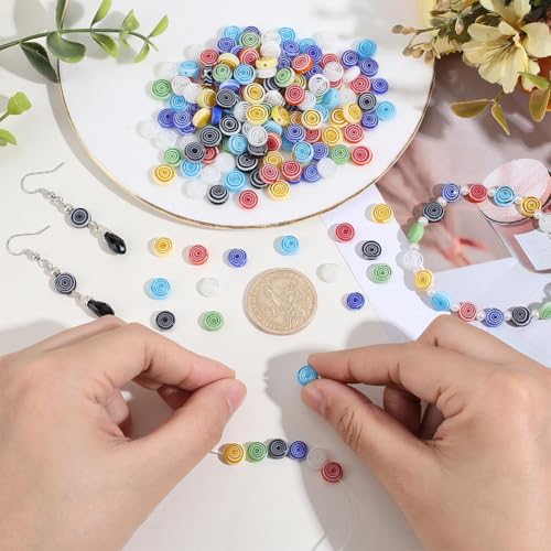 1 Box 180PCS 8MM Lampwork Glass Beads with Hole Handmade Flat Round Spiral Millefiori Mosaic Stripe Colorful Loose Spacer Bead Bulk for Jewelry Making Earrings Bracelets Necklace DIY Craft