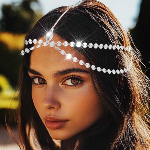 Yean Gold Sequins Head Chain Bohemian Hair Jewelry Headpiece Forehead Band Festival Headband Accessories for Women - color: Silver