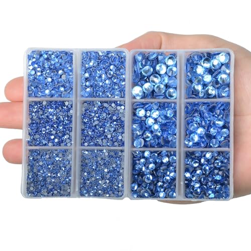10000Pcs 2-Boxes Mixed Size Hot Fix Round Crystals Gems Glass Stones Hotfix Flat Back Rhinestones with Tweezers and Picking Pencil (Light Blue) - color: Light Blue, size: 2-Box (10000pcs)