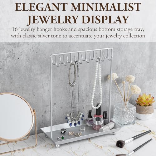 MyGift Silver Tone Metal Jewelry Stand Necklace Display Organizer with 20 Hooks and Ring Tray - color: Silver