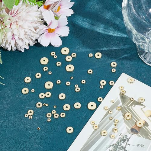 Beebeecraft 190Pcs Disc Spacer Beads 3/4/5/6/7/8/10mm 18K Gold Plated Brass Flat Round Spacers Rondelle Heishi Beads for Summer Stackable Bracelet Necklace Jewelry Making