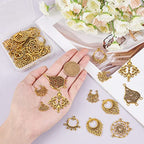 SUNNYCLUE 1 Box 10 Styles Chandelier Connector Charms Component Links Alloy Hollow Filigree Pendants Flat Round Teardrop Triangle Shape for Jewelry Making Earring Supplies,Antique Gold - color: 40pcs 10 Styles Antique Golden