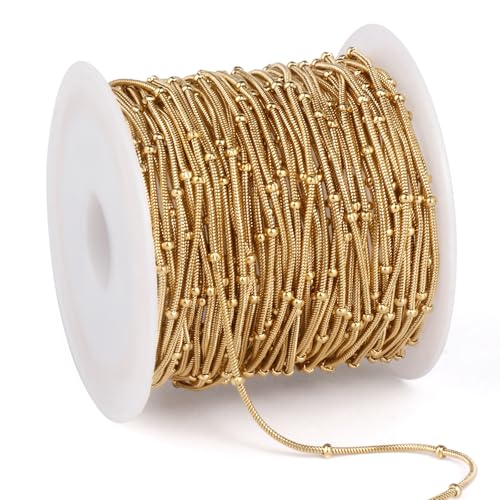 33 Feet Gold Snake Chains Roll, 1mm 18K Gold PVD Plated 304 Stainless Steel Round Satellite Snake Chain Bulk Spool for Jewelry Making DIY Craft - color: Small Beads Gold Satellite Snake Chains
