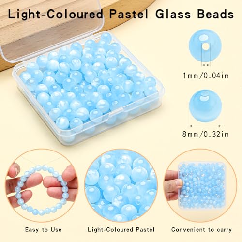 200pcs Glass Beads for Bracelets, 8mm Crystal Glass Round Beads for Jewelry Making, DIY Crafts, Single Box (Sky Blue) - color: Sky Blue