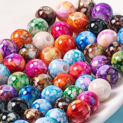 200PCS Acrylic Crystal Beads for Jewelry Making Round Loose Beads Charms Ink Patterns for Bracelets Earring Necklace Rings Adults Beading DIY Art Craft Projects Decor Birthday Gifts (14mm) - size: 14mm