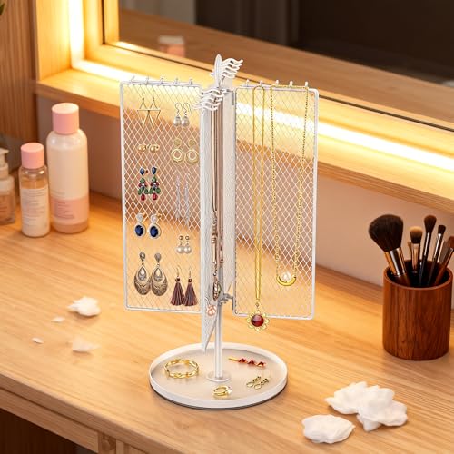 Rotating Necklace Holder with 40 Hooks, Earring Stand Mesh Grid Storage, 15-Inch Jewelry Display with Tray for Long Necklaces & 50+ Earrings for Women, White