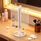 Rotating Necklace Holder with 40 Hooks, Earring Stand Mesh Grid Storage, 15-Inch Jewelry Display with Tray for Long Necklaces & 50+ Earrings for Women, White