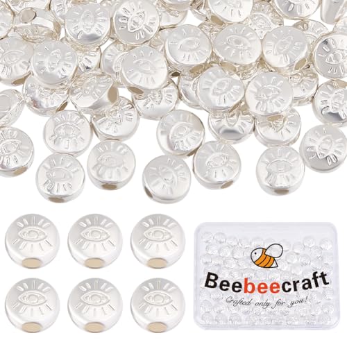Beebeecraft 1 Box 100Pcs Evil Eye Bead 925 Sterling Silver Plated 5.5x6mm Monster Flat Round Small Charm Spacer Loose Bead for Jewelry Making Charms Bracelets Necklaces Supplies DIY Crafts Decor - color: Silver