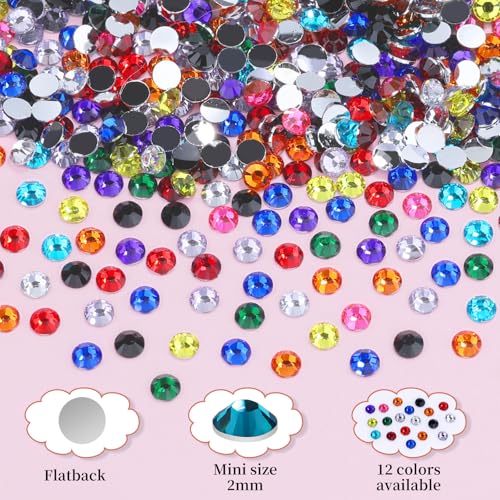 4000pcs 2mm Flatback Nail Art Rhinestones, Resin 3D Sparkling Nails Crystal Diamonds Gems Mini Charms with Tweezers and Dual-end Brush for Nail Art, Crafts Artwork DIY, Face Makeup Gems Jewels (6-K1) - color: 6-K1-soild-color