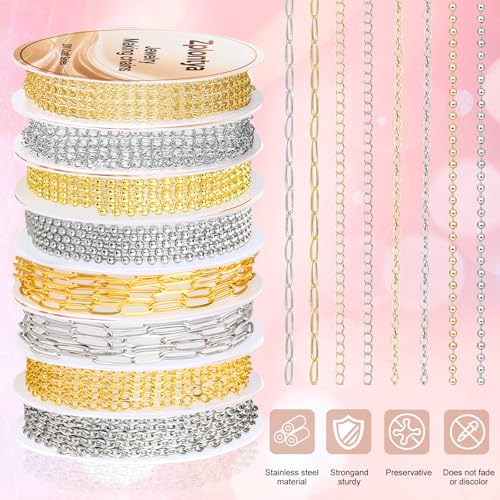 Zplontya 8 Rolls Necklace Chains for Jewelry Making 330PCS Include 26FT Gold & Silver Chains, Jump Rings, Clasps, Charms Pendants, Chains Connectors for DIY Permanent Bracelet & Jewelry Making