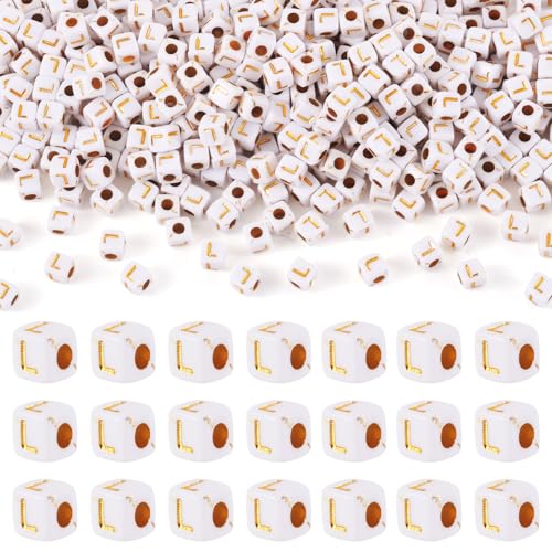 FASHEWELRY 500Pcs White Golden Letter Beads 4.5mm Square Alphabet Beads Acrylic Cube Letter L Beads for Friendship Bracelet Necklace Keychains Jewelry Making - color: Letter L