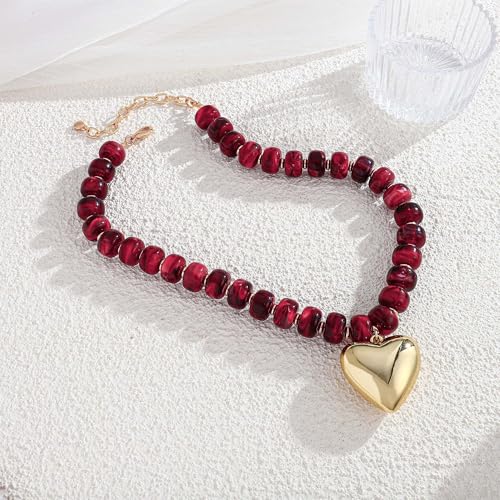 Gold Heart Pendant Necklaces for Women Colorful Acrylic Resin Beaded Choker Necklace Fashion Chunky Statement Beaded Heart Necklace - color: Red