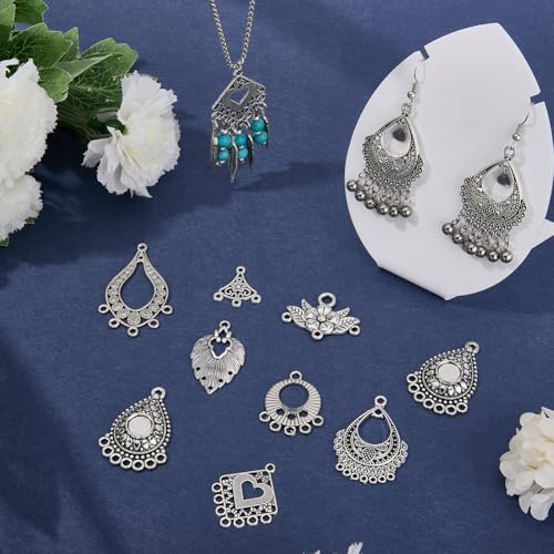 60Pcs 15 Styles Earring Chandelier Charms Filigree Charm Pendant Links Tibetan Antique Silver Vintage Hollow Teardrop Metal Earring Component Connectors Loops for Jewelry Making Findings