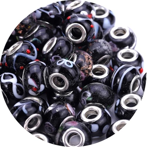 AIPRIDY 50Pcs 15x11mm Murano Large Hole Glass Beads with Silver Brass Cores European Beads for Jewelry Making (Black) - color: Black