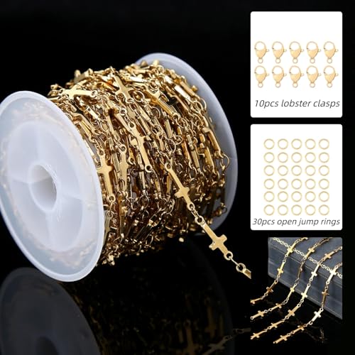 5 Meters Stainless Steel Cross Link Chains in Bulk for DIY Men Women Jewelry Making with Lobster Clasps, Jump Rings (Gold) - color: gold