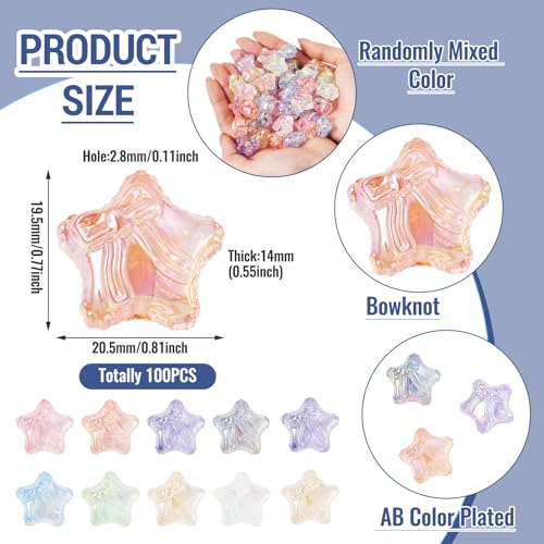 Craftdady 100Pcs Iridescent Star Beads Transparent Acrylic Star with Bowknot Beads Mixed Color Small Star Spacer Bead for Jewelry Bracelet Necklace Making DIY Crafts Hole: 2.8mm - color: Mixed Color, Star&Bowknot