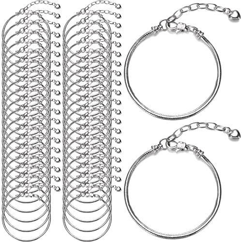 Hicarer 27 Pieces Snake Charm Bracelet Chain Adjustable Charm Bracelet Chain with Heart Shape Extender Copper DIY for Women Jewelry Making(7.9 Inch,Silver) - size: 7.9 Inch