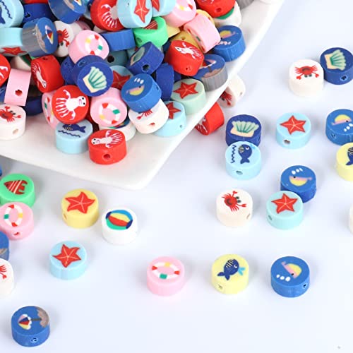 200PCS Polymer Clay Ocean Animal Beads - 10mm Mixed Colorful Flat Round Beads Spacer Kit for Jewelry Making DIY Bracelet Necklace - color: Clay Ocean Animals
