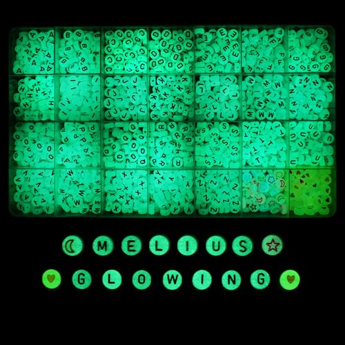 Melius 1450Pcs Acrylic Glow Letter Beads, Alphabetical Glowing in The Dark Beads in 28 Grid Box for Jewelry Making, DIY Bracelets, Necklaces, Key Chains (Glowing, 4x7mm) - color: Glowing, size: 4x7mm