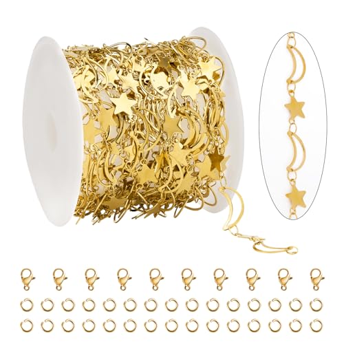 KYUNHOO Gold Plated Sequin Star Chain for Jewelry Making Hollow Moon Link Jewelry Supplies Stainless Steel Bulk Chains for Handcraft DIY - color: Star Gold