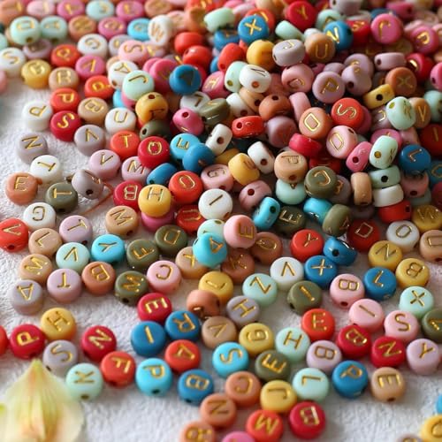 1000Pcs Colourful Acrylic Letter Beads 4x7mm Round Alphabet Beads with Gold Alphabet A-Z for Bracelets Necklace Jewelry Making Supplies（Gold Letter/Pink） - color: 47 gold-color/A