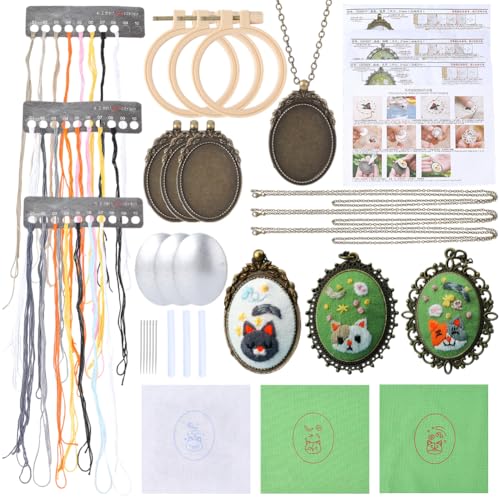 SUNNYCLUE DIY 3 Sets Embroidery Pendant Kit Embroidery Necklace Kits with Instructions Thread Needle Hoops Chains Cute Cat Themed Stitch Kit for Sweater Necklace Crafts Jewelry Making Beginner Starter - style: Cat
