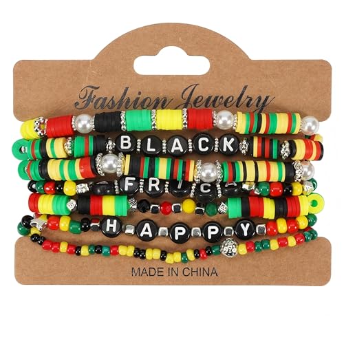 COLORFUL BLING 4th of July Bracelets for Women/Juneteenth African Beaded Stackable Layered Surfer Bracelets Rasta Jamaica Jewelry - color: happy-clay