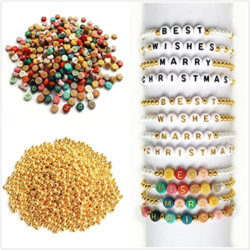 Amaney 2000pcs Beads Kits,Letter Beads and Gold Spacer Beads for DIY Bracelet Necklace Craft Jewelry Making Colorful - color: Gold on Colorful