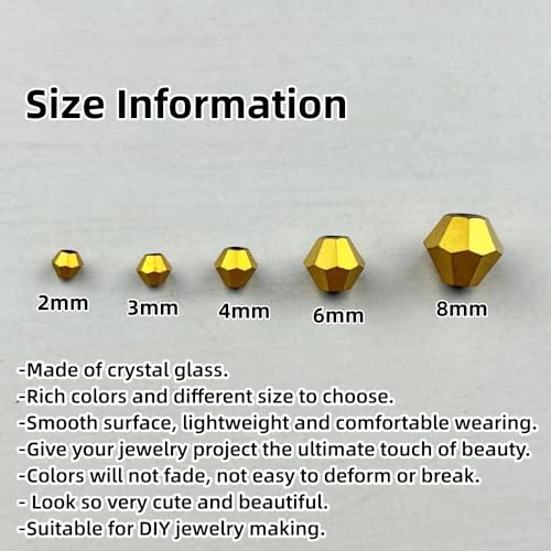 1310pcs Bicone Crystal Glass Beads 2mm 3mm 4mm 6mm 8mm Faceted Crystal Spacer Beads for Bracelets Necklace Pendants Earrings DIY Jewelry Craft Making(Gold) - color: Gold