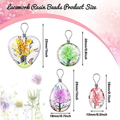 Hicarer 20 Pieces Dried Flower Tree Pendant Plant Pressed Flower Charms Resin Lacework Transparent Glass Beads Round Floating Pendant Mixed Colors for DIY Necklace Bracelet Jewelry Making, 4 Styles