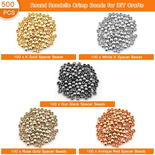 500pcs Round Rondelle Crimp Beads for DIY Crafts,5 Colors Disc Spacer Loose Beads Spacer Beads for DIY Jewelry Making,Bracelet Necklace Earring Bracelet Crafts Supplies - color: 500pcs;K gold,White k,Rose gold,Gun black,Antique red