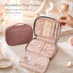 Jewelry Travel Case Organizer for Necklaces, Earrings, Rings, Bracelet, Watch, Soft Sided, Red Sandalwood - color: Rosewood Pink