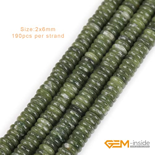 GEM-Inside 2x6mm Natural Green Canada Jadeite Jade Semi-Gemstone Heishi Disc Rondelle Spacer Beads for Jewelry Making Full 15" Strand Energy Stone Healing Power Crystal - color: Green Canada Jadeite Jade