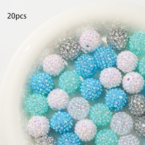 20mm Rhinestone Beads 20pcs Chunky Bubblegum Beads Beadable Pen Beads Shine Disco Ball Beads Jumbo Plastic Beads for Necklace Jewelry Bracelets DIY Crafts Making (bluewhite) - color: bluewhite