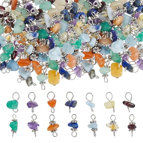 SUPERFINDINGS 84Pcs 7 Colors Gemstone Chip Charms Natural Stone Link Charms Double Loops Connector Antique Silver Stone Charm DIY Jewelry Making for Necklaces Bracelets Anklets