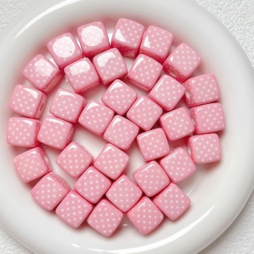 20PCS Large Acrylic Square Beads for Pens, 14MM Cream Grid Polka Dot Cube Beads for Keychain Jewelry Bracelet Making Focal Bead for Pen Making Crafts DIY Projects - color: Cream Square Bead