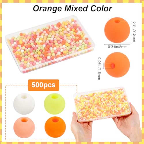 1 Box 500Pcs Round Matte Beads Opaque Acrylic Beads 8mm Ball Frosted Orange Imitated Silicone Bubblegum Smooth Rubberized Spacer Loose Bead for Jewelry Making Bracelet Necklace DIY Crafts - color: Orange