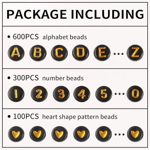 Yochus 1000pcs Black Mixed Round Acrylic Beads 4x7mm Gold Alphabet Number Heart Shape Bead for Jewelry Making and DIY Bracelets - color: Black/Gold Letter&Number&Heart, size: 4x7mm