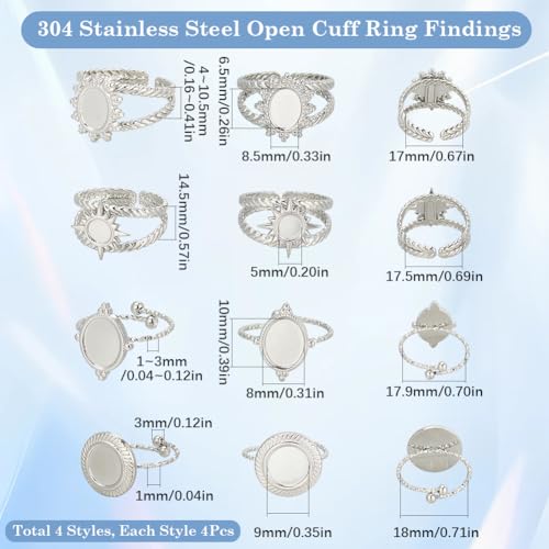 SUNNYCLUE 1 Box 16Pcs 4 Style Stainless Steel Ring Bezels Blank Cabochon Rings Silver Metal Adjustable Open Finger Ring Base Tray Component with Round Pad for Jewelry Making Rings DIY Crafts Women - style: Ring 1