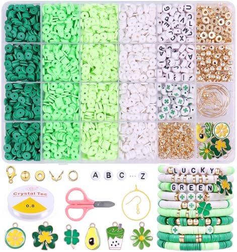 Wuollgess 3500 PCS Green Clay Beads for Bracelet Making Kit, Polymer Heishi Beads for Jewelry Making, Friendship Bracelet Kit for Adults, Spacer Letter Beads for Necklace Earring DIY - color: Green