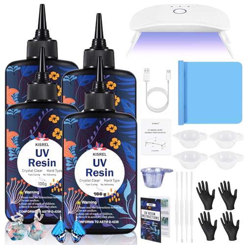 UV Resin with Light - 400g Hard Type Crystal Clear Ultraviolet Curing UV Resin Kit, 8 Lamp Beads UV Light(Non-Battery), UV Resin with Light for Craft Jewelry Making - size: UV400g+8 Lamp Beads