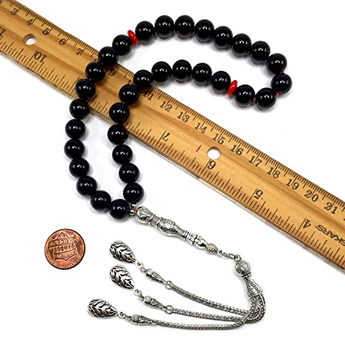 Simple Designed Natural Stone Worry Beads (8mm -33 Beads) - Prayer Beads Tesbih-Tasbih-Tasbeeh-Misbaha-Subha-Sebha-Sibha-Rosary (Black Shiny Glass -10 mm 33- Beads) - color: Black Shiny Glass -10 mm 33- Beads