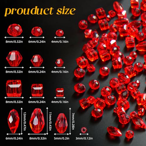 1500 Pcs Crystal Glass Beads for Jewelry Making – 12 Styles Bicone, Rondelle, Cube, Teardrop & 3mm Spacer Beads, DIY Bracelet Necklace Earring Craft Kit with Organizer Box(Red) - color: Red