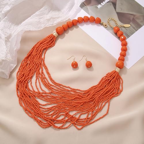 Bocar Necklace for Women, Multi Layer Statement Necklace, Long Chain Chunky Bib Seed Beads Necklace, Necklace Earring Set for Women Gift (NK-10693) - color: Orange-set