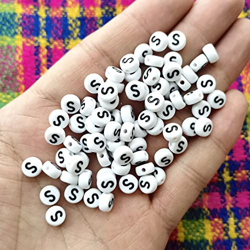 Amaney Letter Beads S 100pcs 7x4mm White Round Acrylic Black Alphabet for Bracelet Jewelry Making - color: S