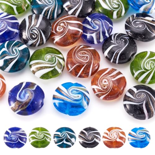 Elecrelive 20Pcs Flat Round Lampwork Beads Gold Sand Glass Beads 20mm Colorful Crystals for DIY Bracelet Necklace Earring Jewelry Making - color: Colorful, 20mm