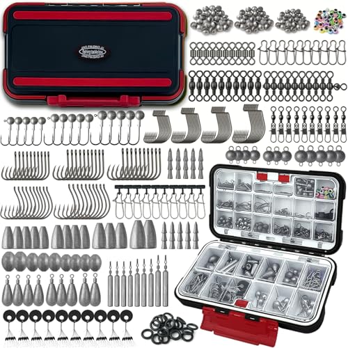Fishing Tackle Kit with Box – 423pcs Complete Terminal Tackle Assortment, Hooks, Sinkers & Swivels, Beads & Bobber Stops for Freshwater Bass & Trout (Black-423PCS) - color: Fishing Accessories Kit 423Pack-Red