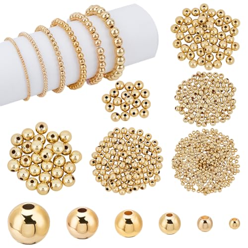 PH PandaHall 600pcs 18k Gold Spacers Beads, 6 Size Little Round Loose Beads Smooth Gold Ball Brass Beads for Summer Hawaii Stackable Necklace, Bracelet, Earring Making (2/3/4/5/6/8mm) - size: 2/3/4/5/6/8mm